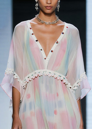 Deep V-Neck Lace Trim Empire Waist Flutter Sleeve High Low Kaftan Mini Dress
