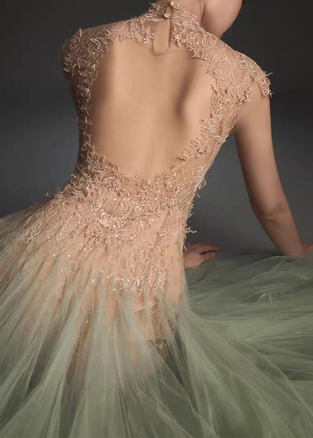 Chic Green Backless Lace Patchwork Tulle Party Dress Summer 4