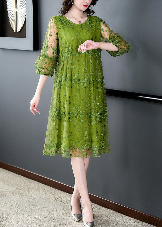 Floral Embroidered Mesh Overlay Round Neck Ruffle Cuff A-Line Midi Dress