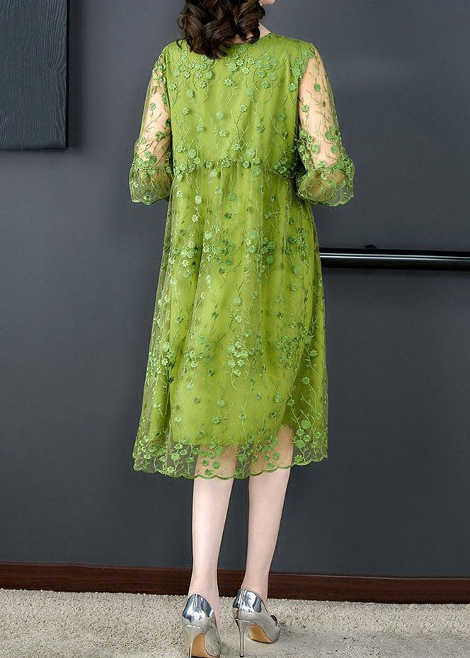 Floral Embroidered Mesh Overlay Round Neck Ruffle Cuff A-Line Midi Dress