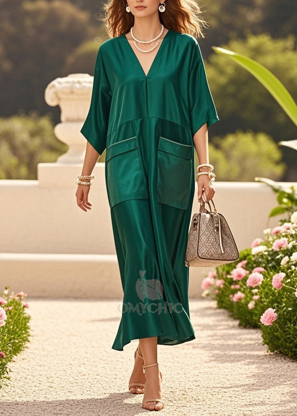 Deep V-Neck Short Sleeve Flap Pocket Relaxed Satin Midi Dress