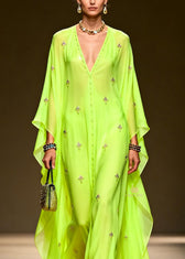 Chic Green V Neck Zircon Chiffon Maxi Dress Spring 2