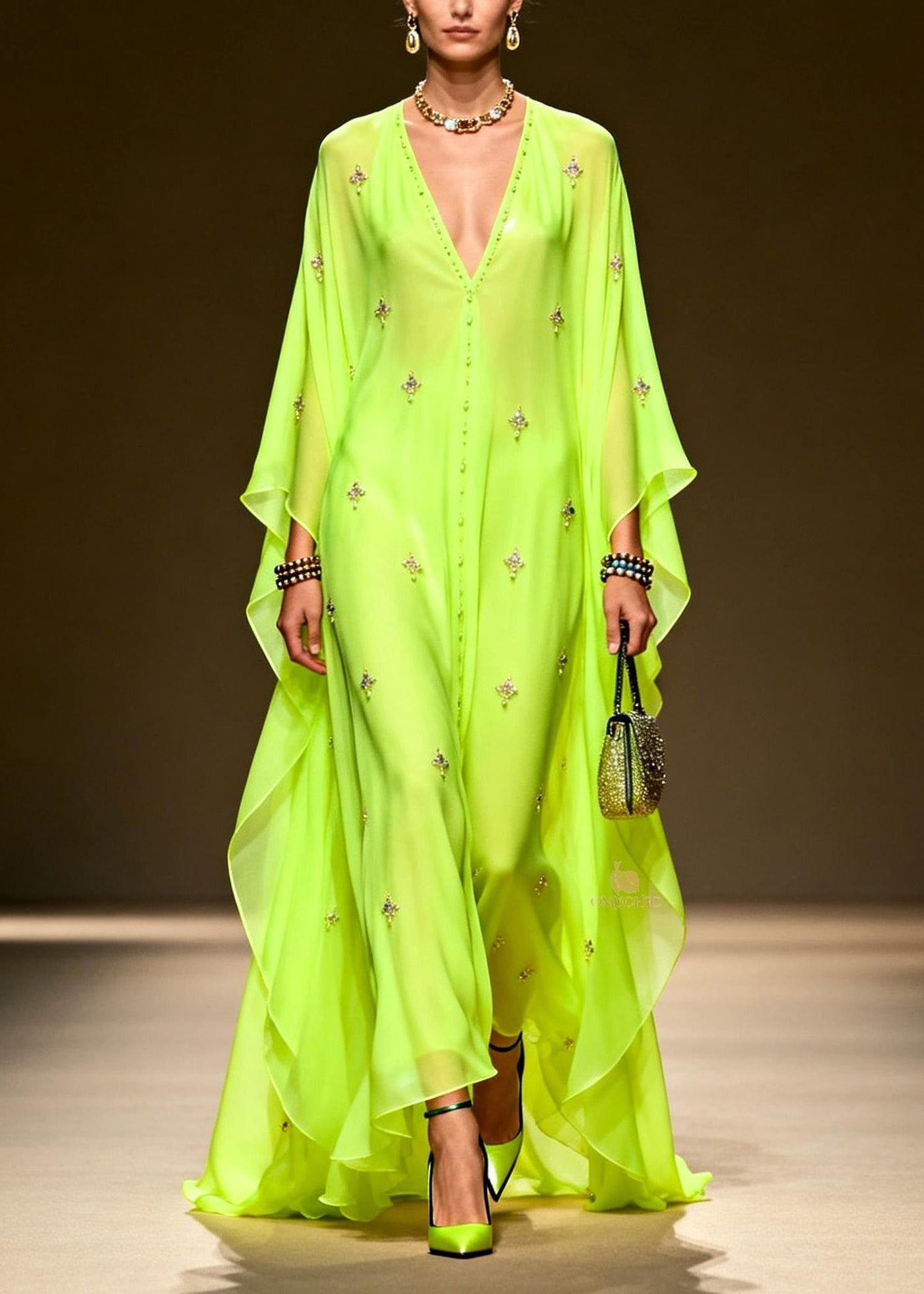 Chic Green V Neck Zircon Chiffon Maxi Dress Spring 3
