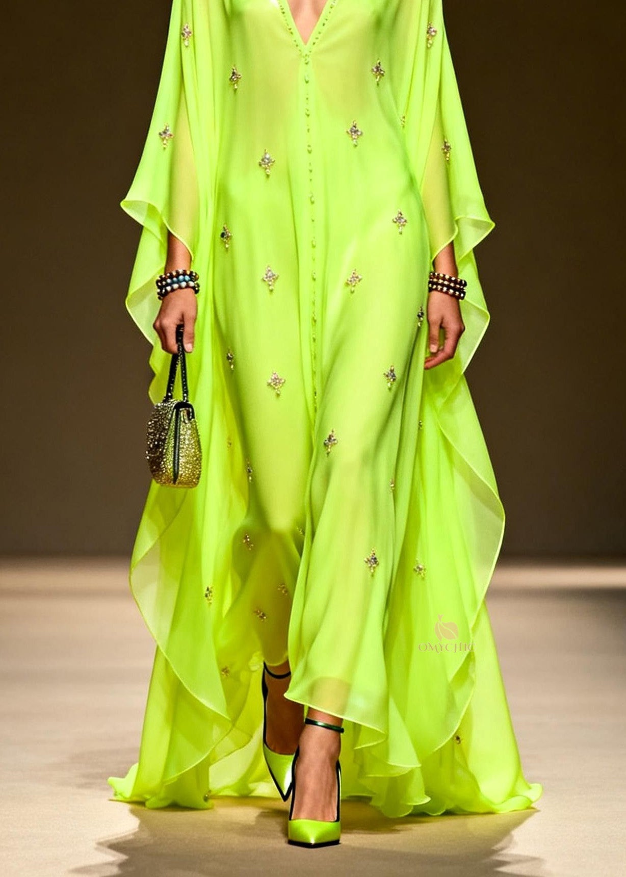 Chic Green V Neck Zircon Chiffon Maxi Dress Spring 4