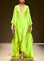 Chic Green V Neck Zircon Chiffon Maxi Dress Spring 5