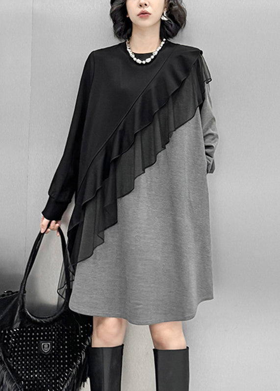 Knit Colorblock Crew Neck Mesh Ruffle Diagonal Trim Sweater Mini Dress