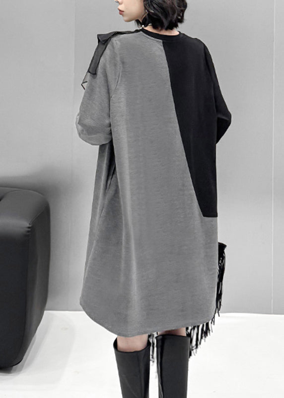 Knit Colorblock Crew Neck Mesh Ruffle Diagonal Trim Sweater Mini Dress