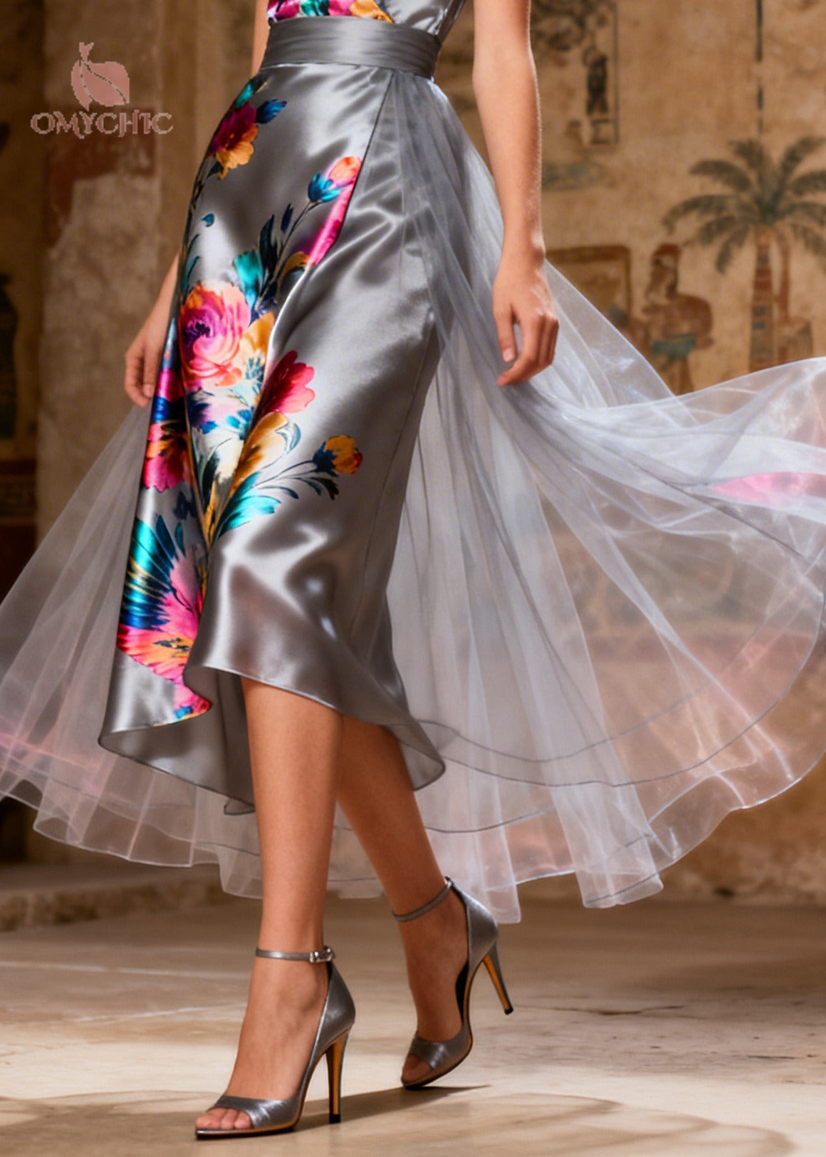 Floral Print Satin Deep V-Neck Spaghetti Strap Wrap High Low Tulle Overlay Midi Dress