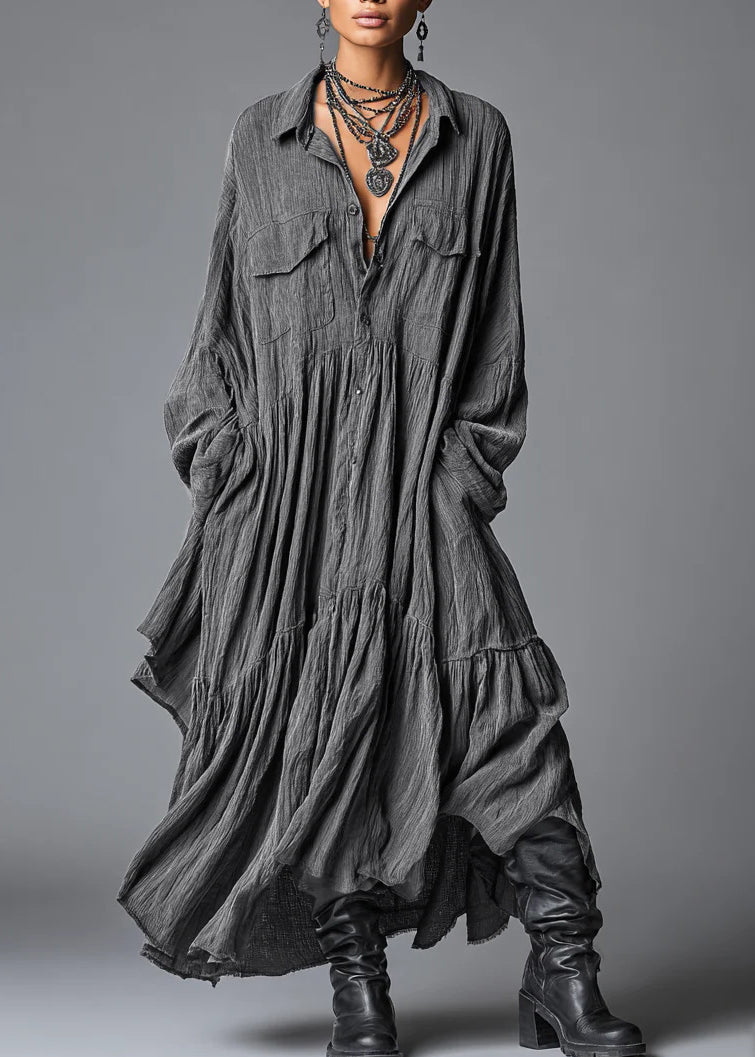 Chic Grey Peter Pan Collar Wrinkled Patchwork Cotton Dress Long Sleeve