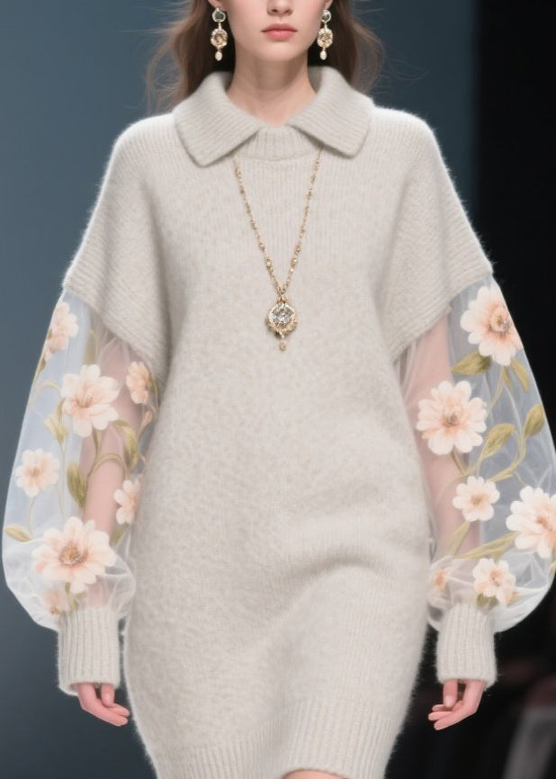 Knit Spread Collar Tulle Floral Embroidered Balloon Sleeve Mini Dress