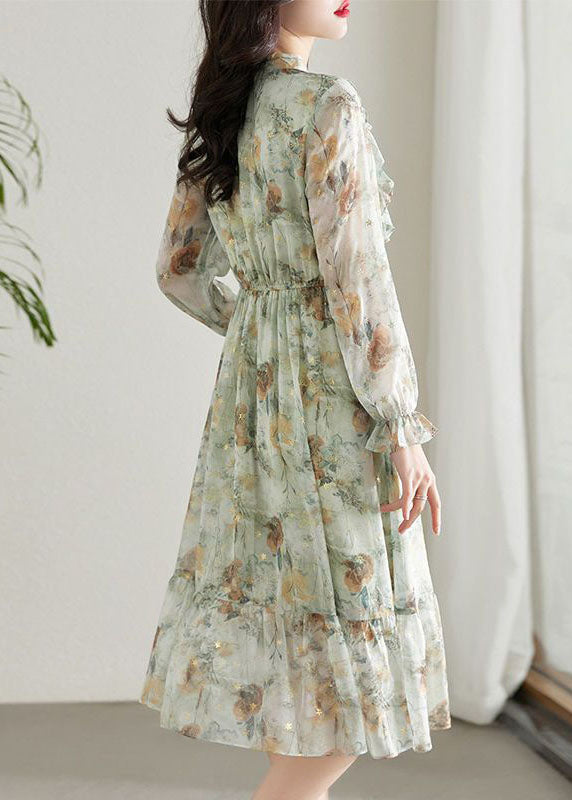 Chiffon Floral Tie Neck Long Sleeve Ruffle Hem Midi Dress