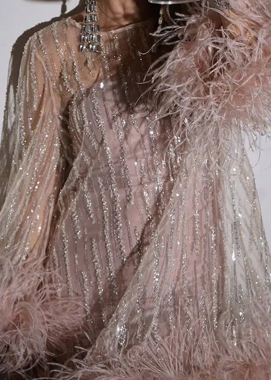 Sequin Mesh Overlay Feather Trim Mock Neck Long Sleeve Mini Party Dress