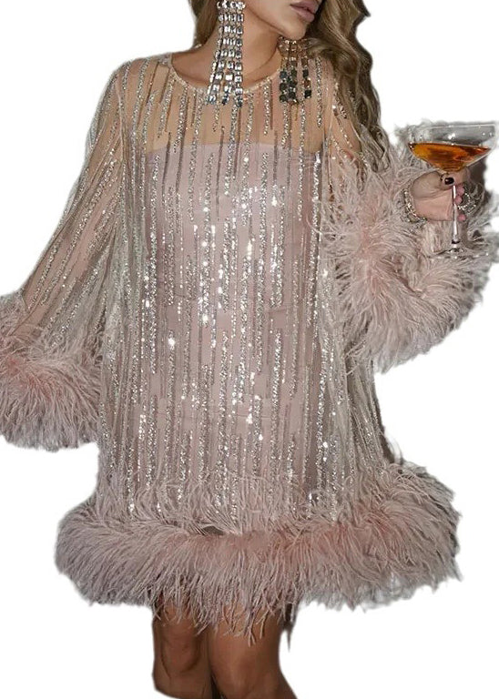 Sequin Mesh Overlay Feather Trim Mock Neck Long Sleeve Mini Party Dress