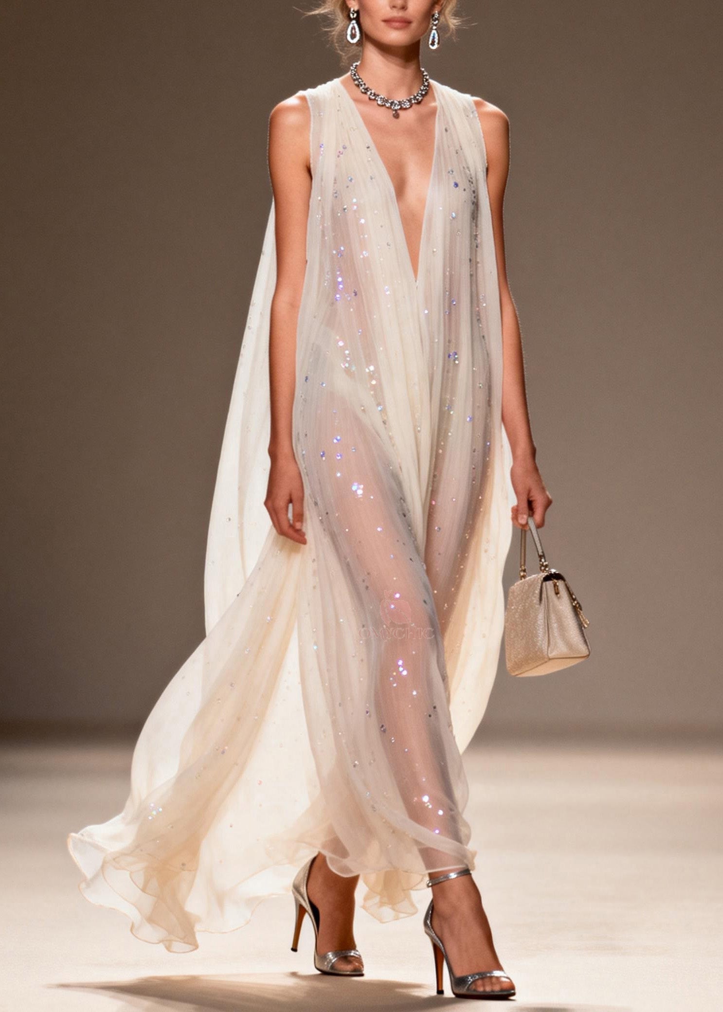 Sequin Scatter Deep V-Neck Sleeveless Sheer Cape Train Maxi Gown