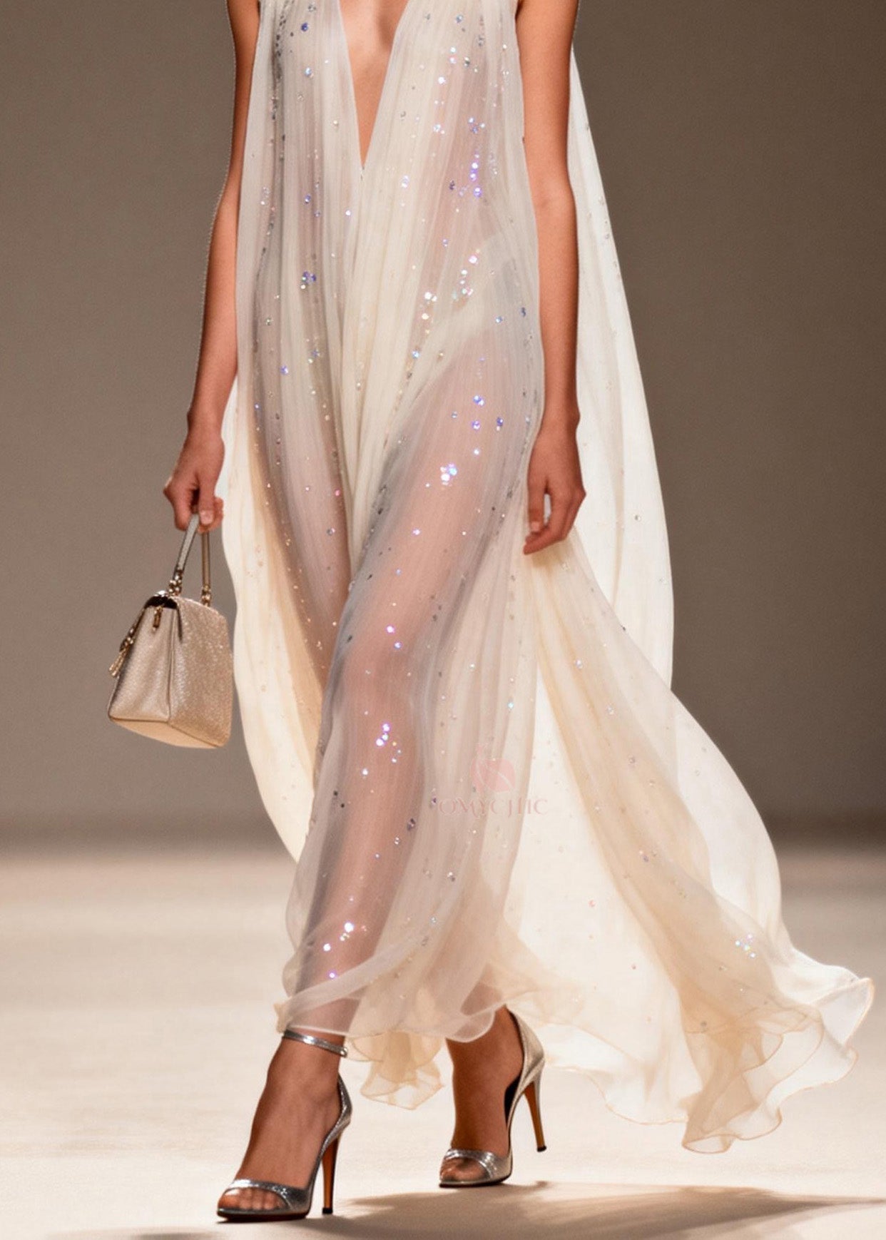 Sequin Scatter Deep V-Neck Sleeveless Sheer Cape Train Maxi Gown