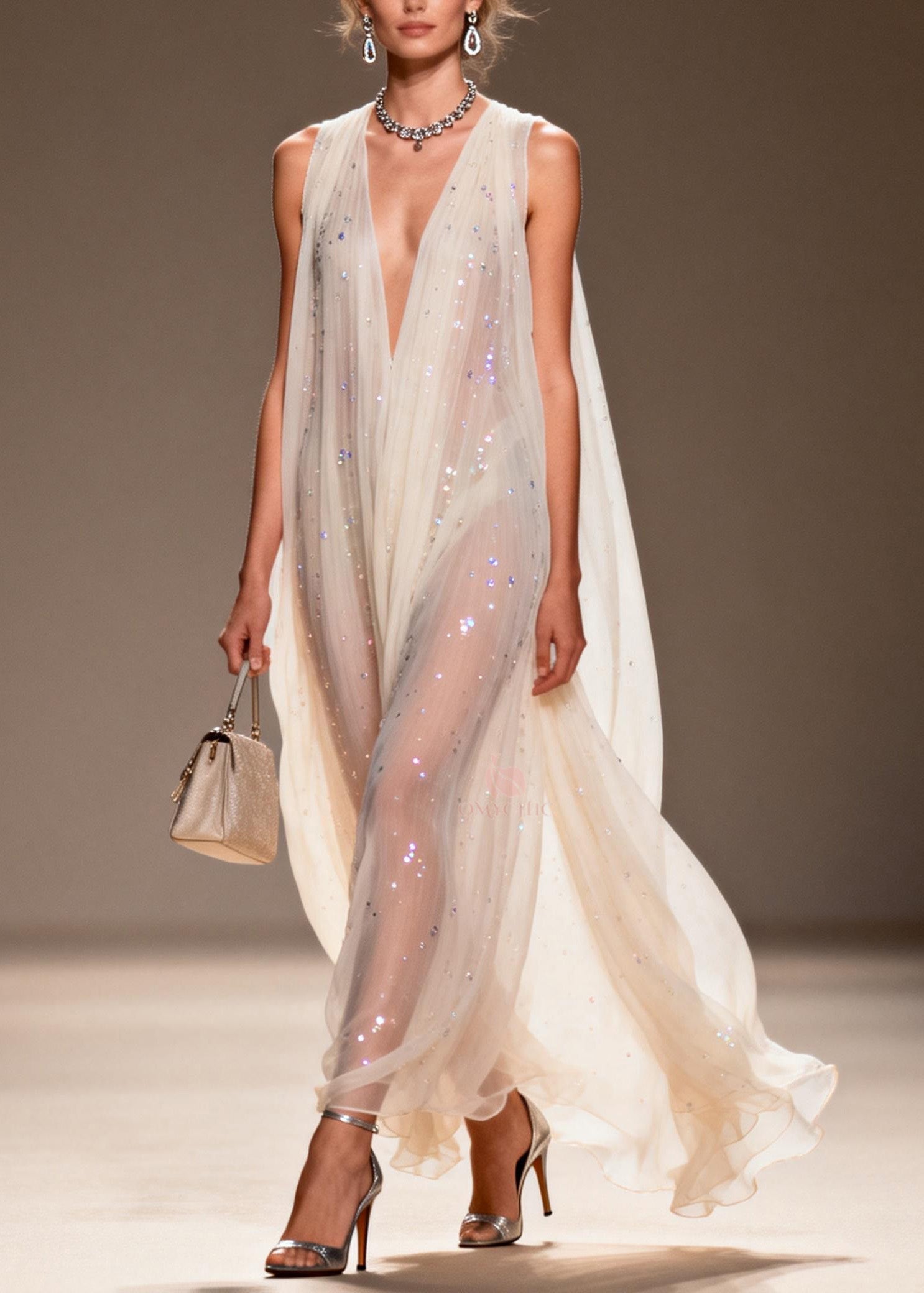 Sequin Scatter Deep V-Neck Sleeveless Sheer Cape Train Maxi Gown
