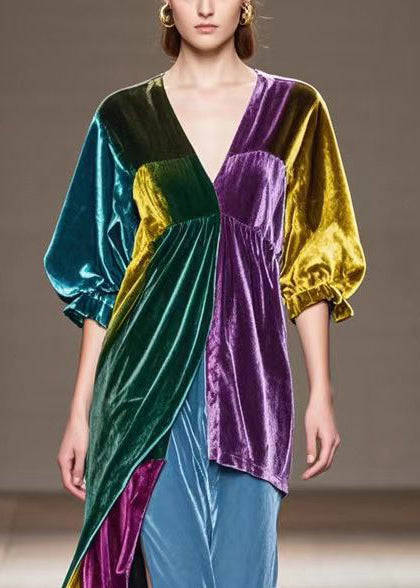 Velvet Patchwork Deep V-Neck Puff Sleeve High Split Maxi Gown