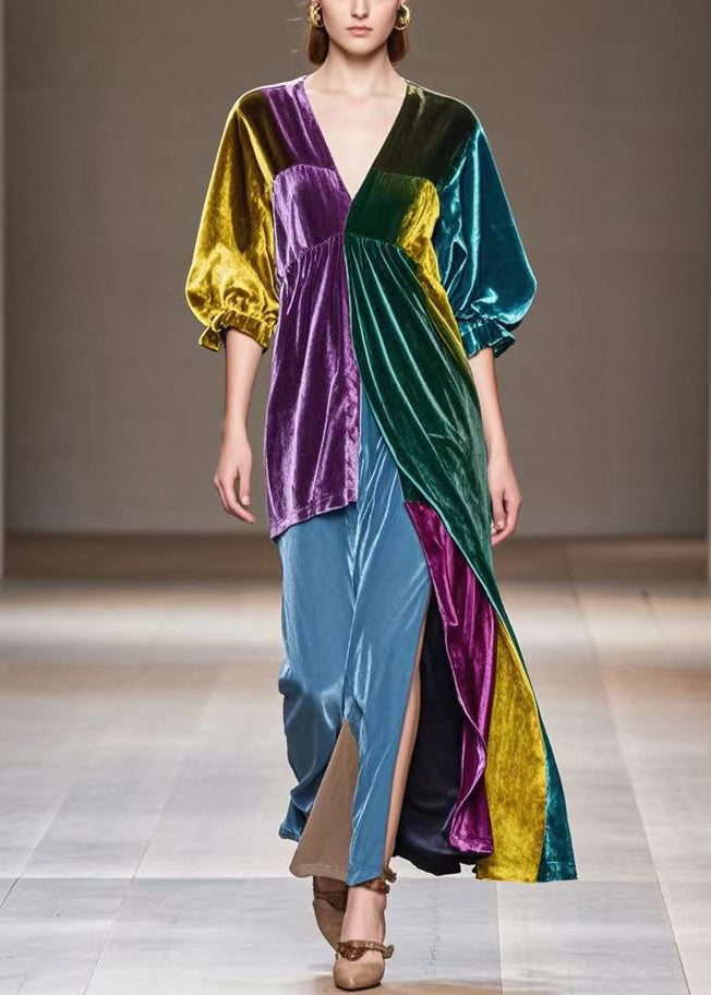 Velvet Patchwork Deep V-Neck Puff Sleeve High Split Maxi Gown