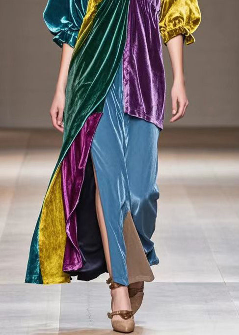 Velvet Patchwork Deep V-Neck Puff Sleeve High Split Maxi Gown