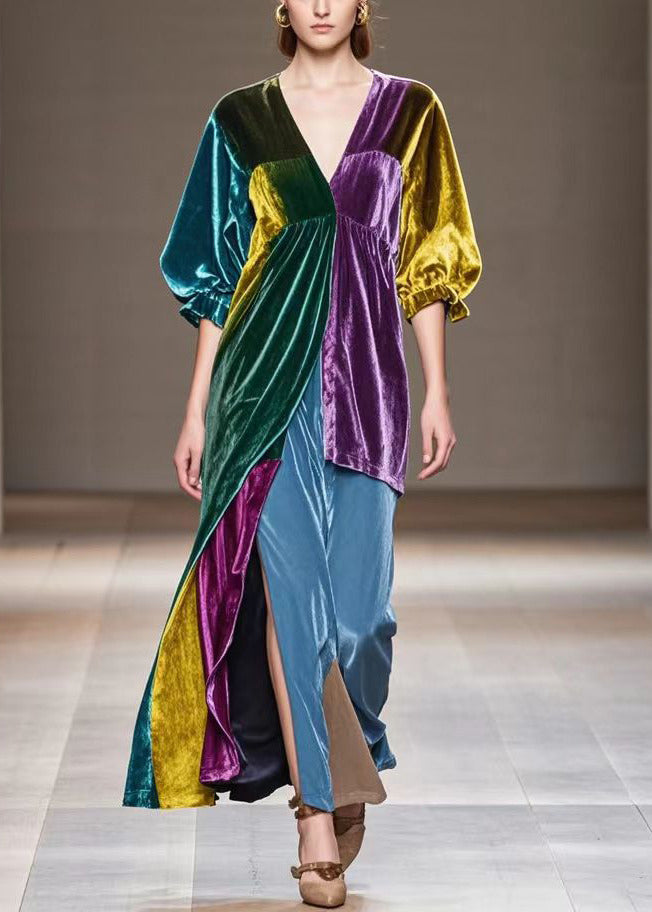 Velvet Patchwork Deep V-Neck Puff Sleeve High Split Maxi Gown