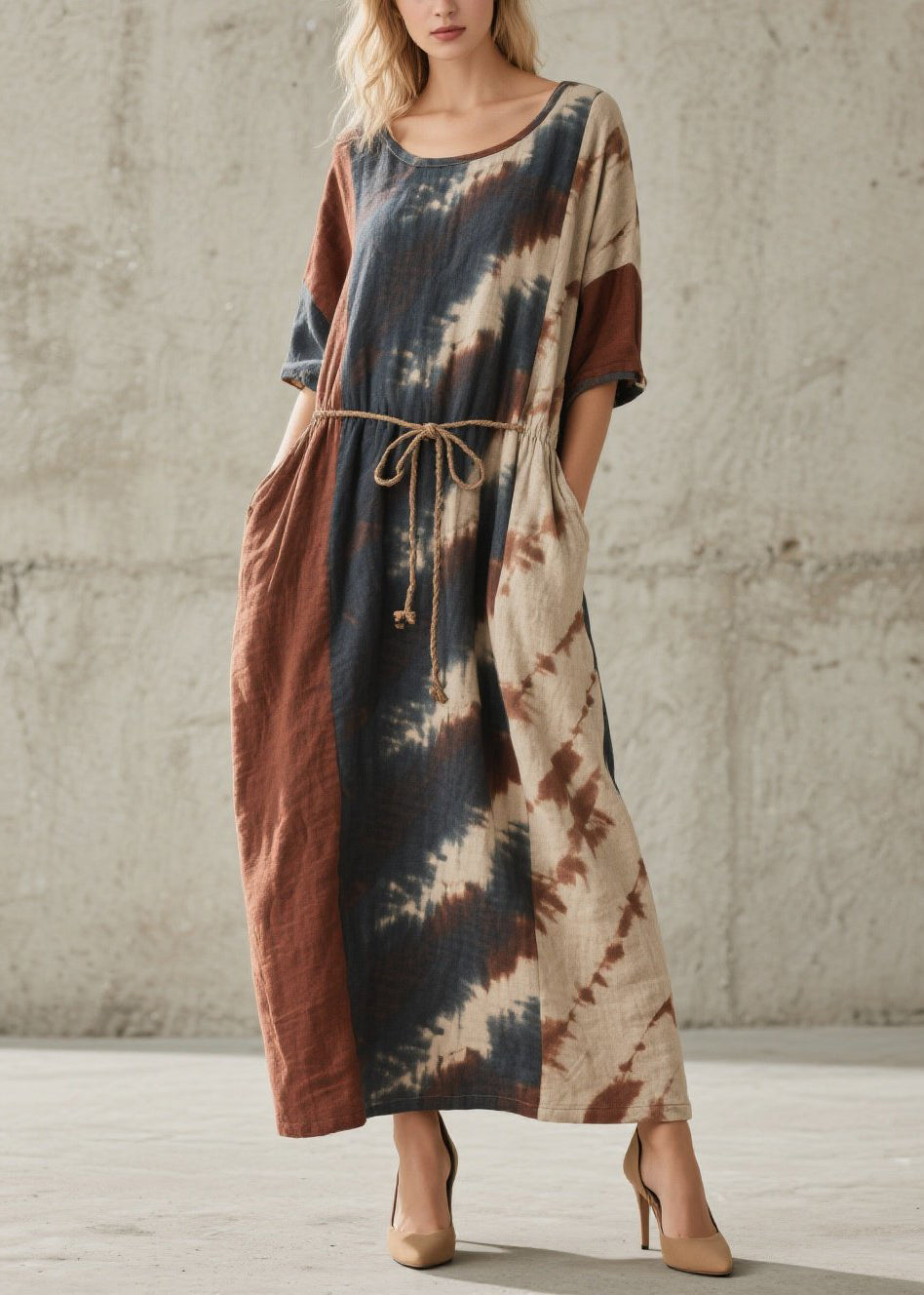 Tie Dye Short Sleeve Rope Tie Pocket Maxi Summer Dress