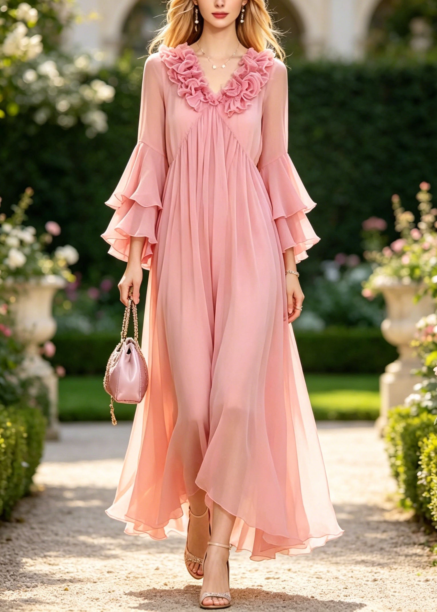 Chic Pink Ruffled Patchwork Chiffon Vacation Dress Flare Sleeve