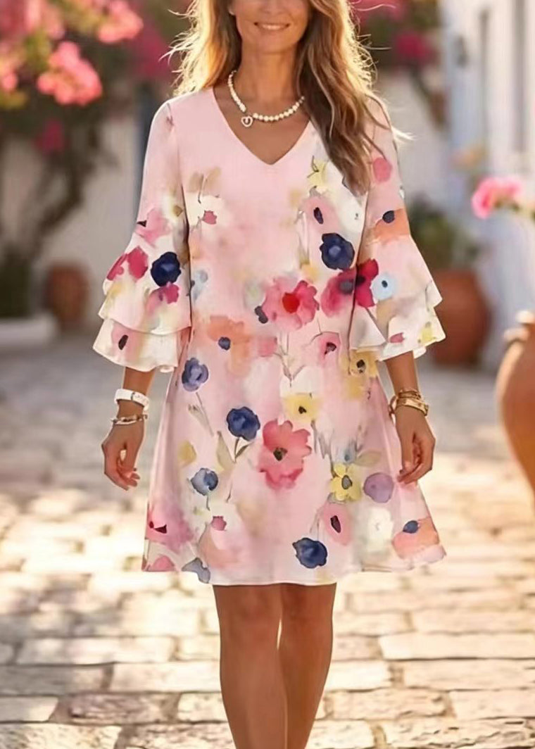 Chic Pink V Neck Print Chiffon Mini Dress Summer
