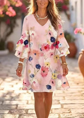 Chic Pink V Neck Print Chiffon Mini Dress Summer