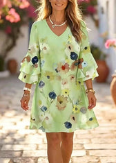 Chic Pink V Neck Print Chiffon Mini Dress Summer 2