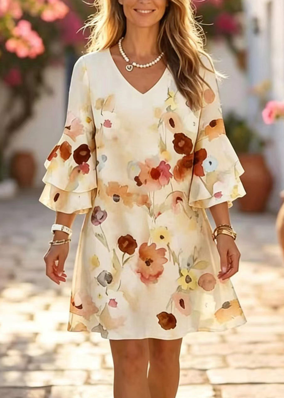 Chic Pink V Neck Print Chiffon Mini Dress Summer 5