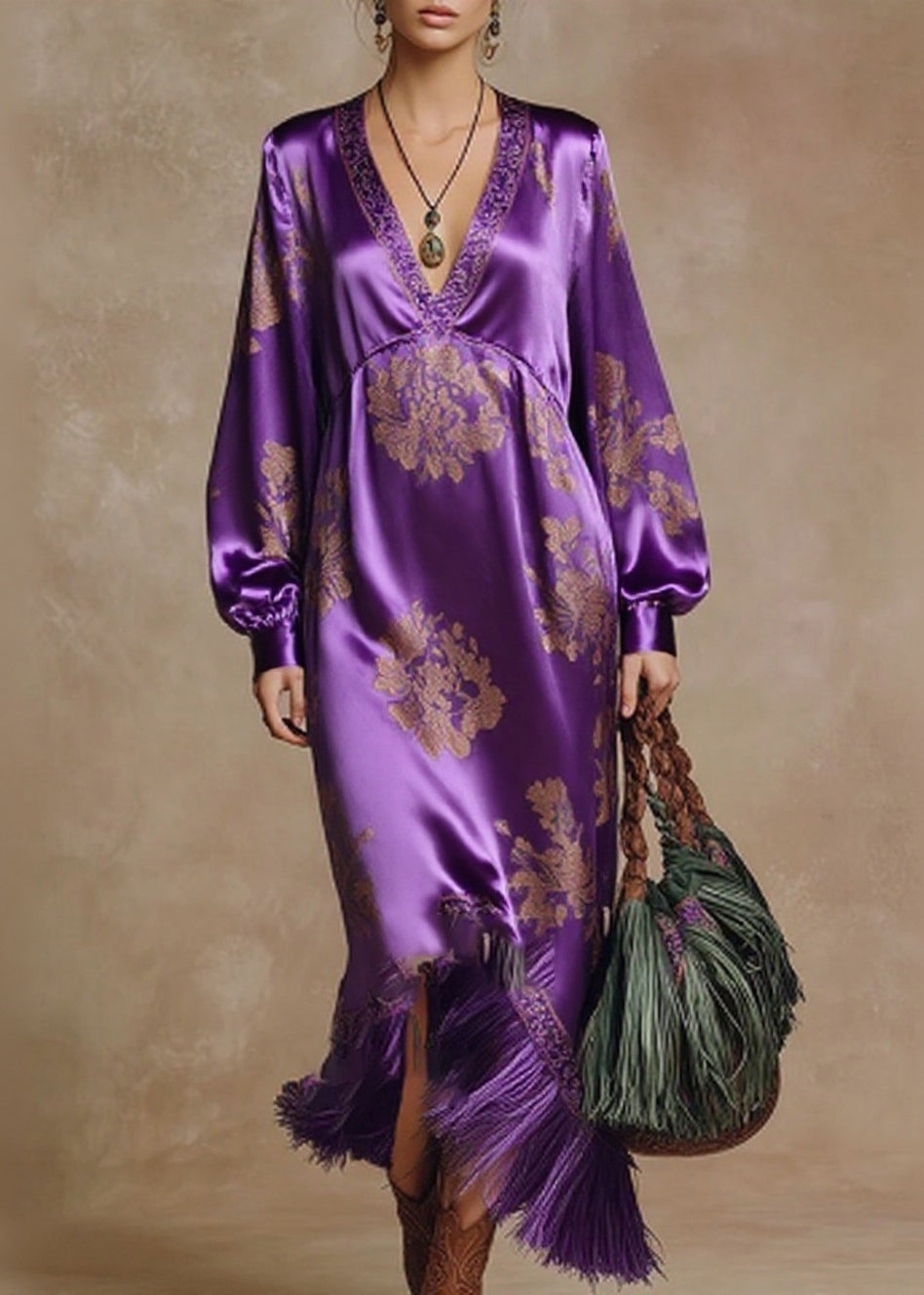 Satin Floral Damask Deep V-Neck Bishop Sleeve Tassel Fringe Maxi Gown