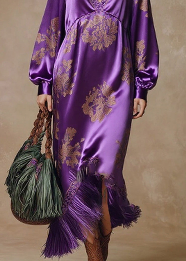 Satin Floral Damask Deep V-Neck Bishop Sleeve Tassel Fringe Maxi Gown