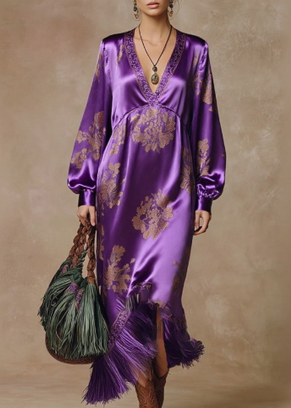 Satin Floral Damask Deep V-Neck Bishop Sleeve Tassel Fringe Maxi Gown