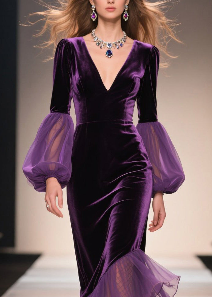 Chic Purple V Neck Asymmetrical Ruffled Patchwork Velvet Dresses Fall 2