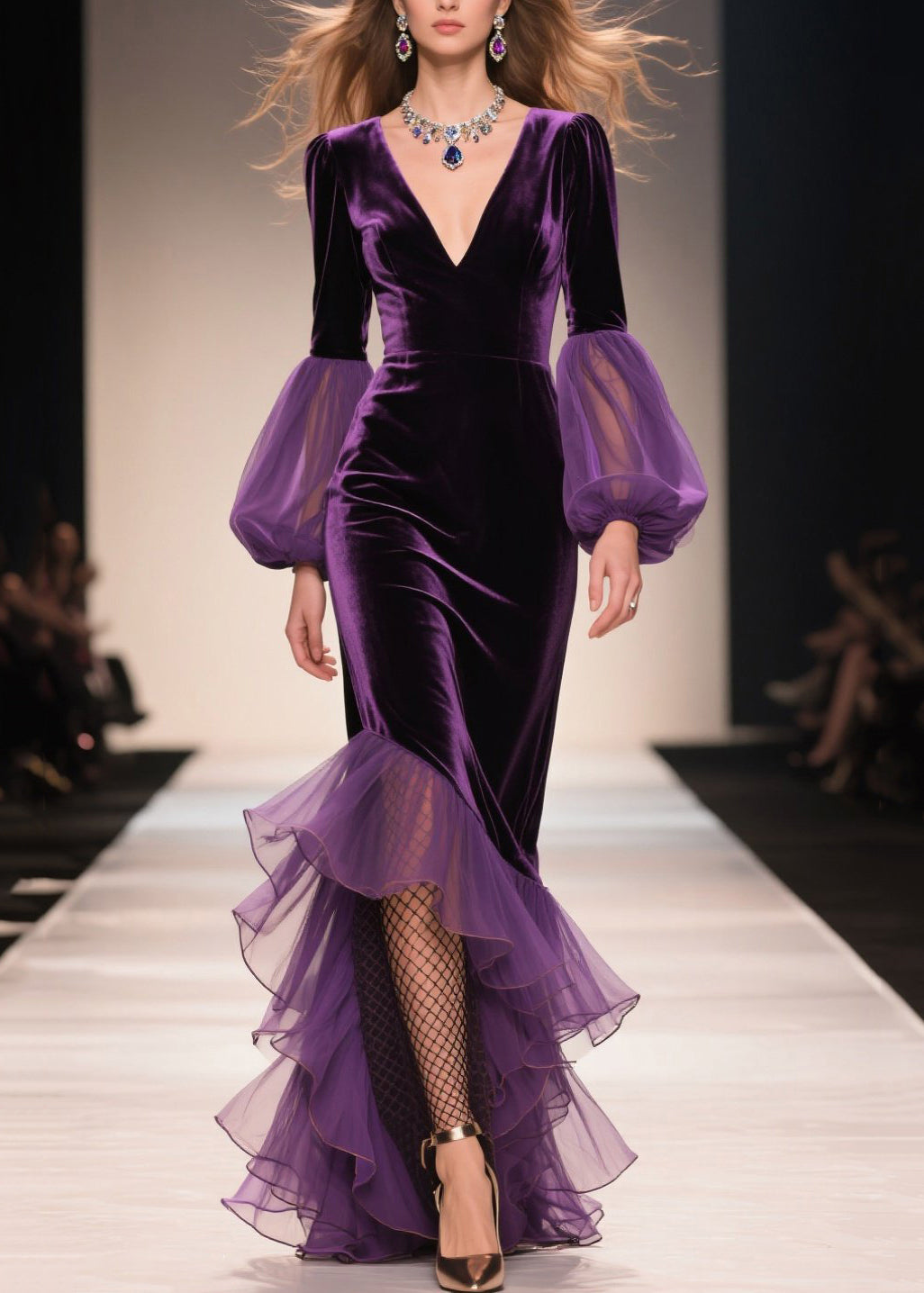 Chic Purple V Neck Asymmetrical Ruffled Patchwork Velvet Dresses Fall 3