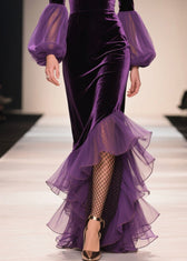 Chic Purple V Neck Asymmetrical Ruffled Patchwork Velvet Dresses Fall 4