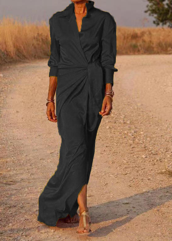 Satin Peter Pan Collar Deep V-Neck Long Sleeve Tie Waist High Split Maxi Dress