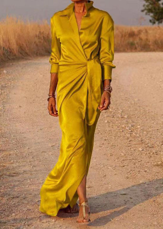 Satin Peter Pan Collar Deep V-Neck Long Sleeve Tie Waist High Split Maxi Dress