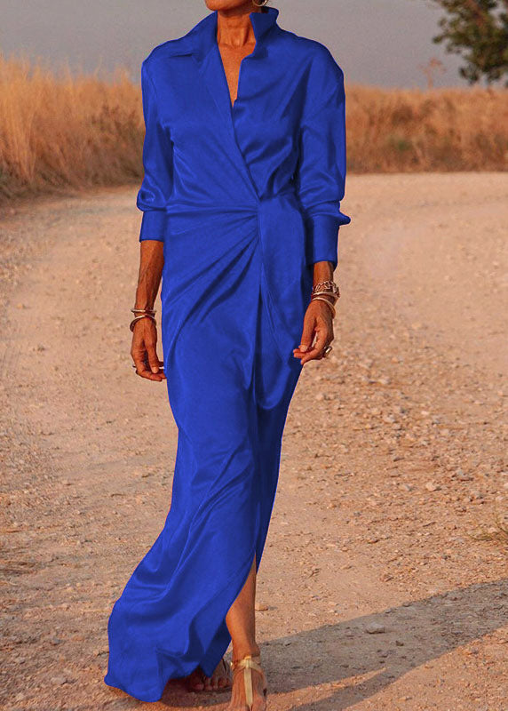 Satin Peter Pan Collar Deep V-Neck Long Sleeve Tie Waist High Split Maxi Dress