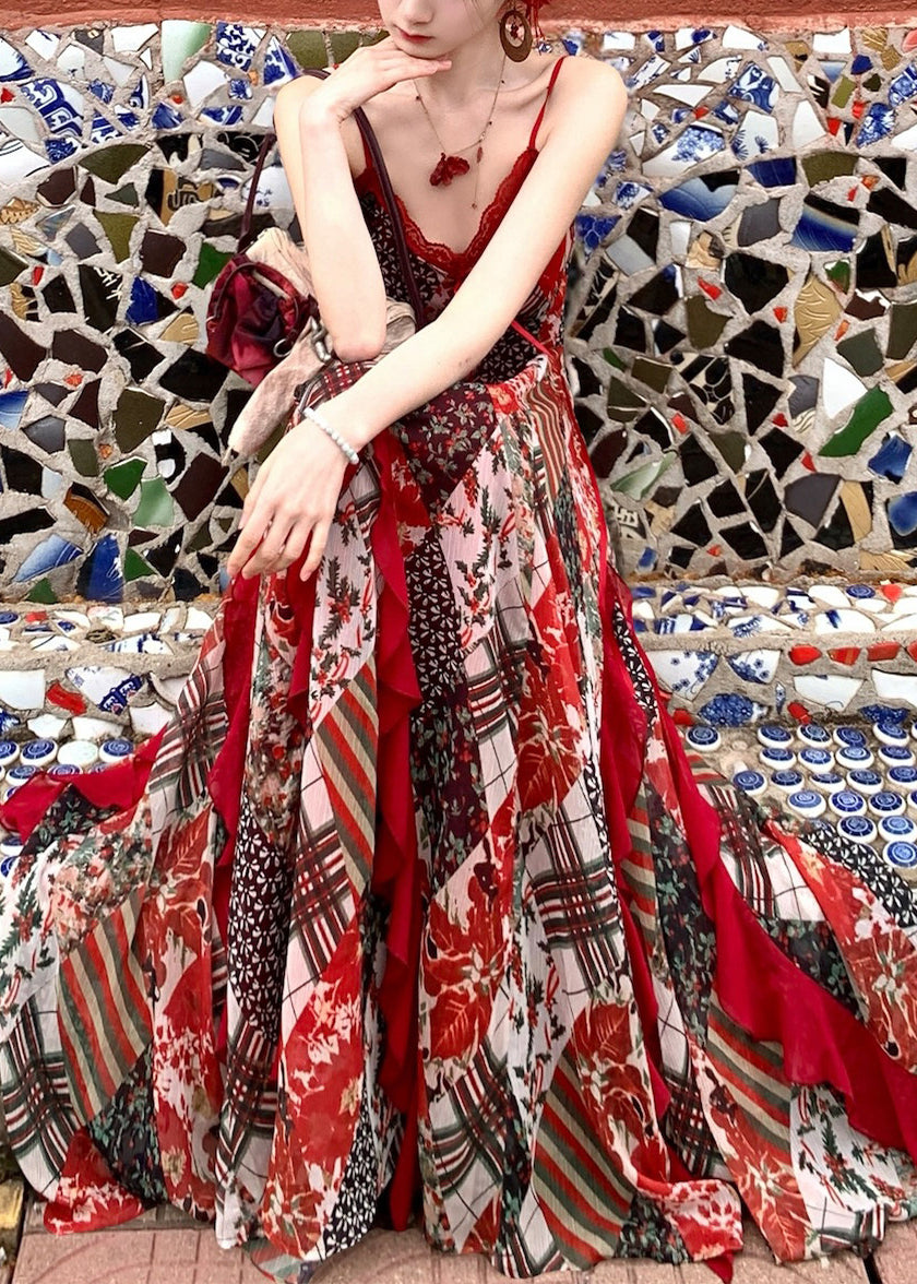 Chic Red Print Exra Large Hem Chiffon Spaghetti Strap Dress Summer