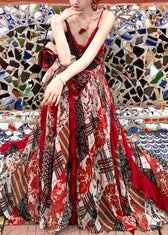 Chic Red Print Exra Large Hem Chiffon Spaghetti Strap Dress Summer