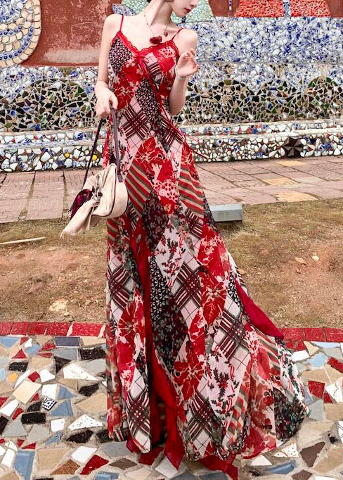 Chic Red Print Exra Large Hem Chiffon Spaghetti Strap Dress Summer 2