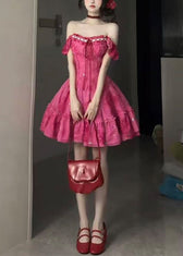 Chic Red Ruffled Patchwork Tie Lace Mid Dress Short Sleeve