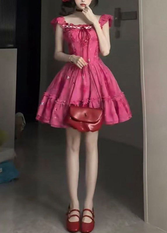 Chic Red Ruffled Patchwork Tie Lace Mid Dress Short Sleeve 3