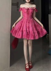 Chic Red Ruffled Patchwork Tie Lace Mid Dress Short Sleeve 4