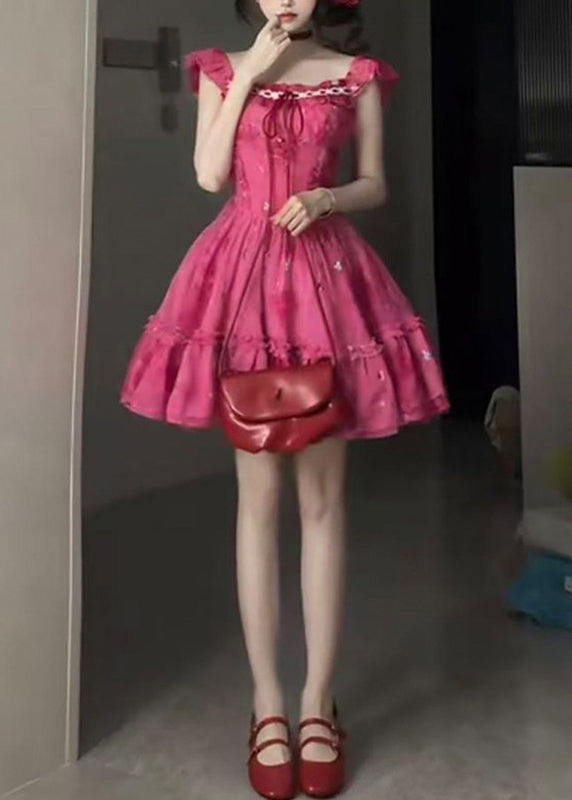 Chic Red Ruffled Patchwork Tie Lace Mid Dress Short Sleeve 5
