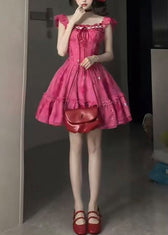 Chic Red Ruffled Patchwork Tie Lace Mid Dress Short Sleeve 5