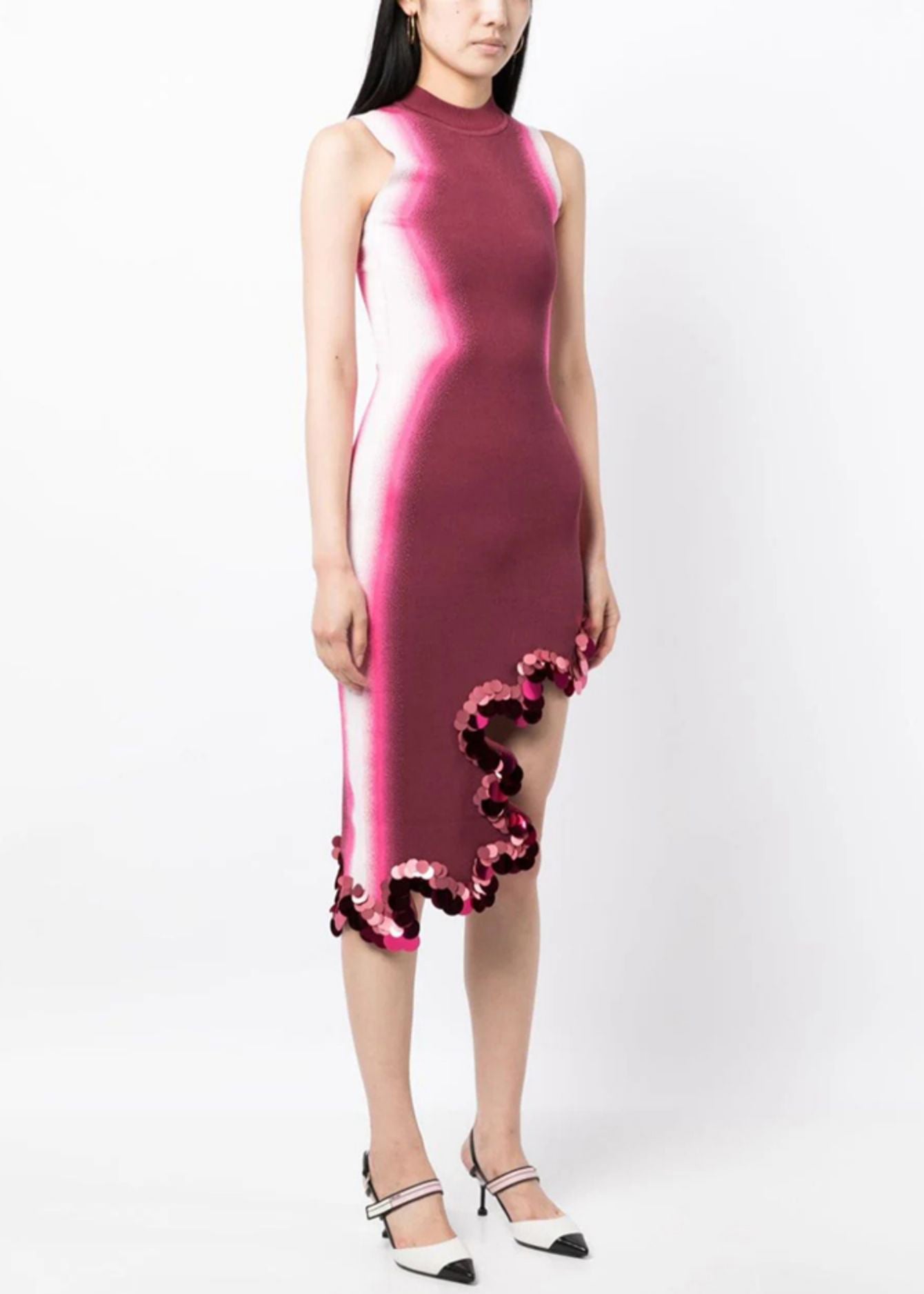 Asymmetric Sequin Scalloped Hem Mock Neck Sleeveless Bodycon Knit Mini Dress