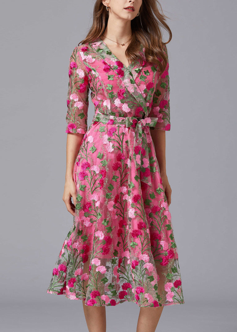 Floral Embroidered Tulle Overlay Wrap V-Neck Tie Waist Elbow Sleeve Midi Dress