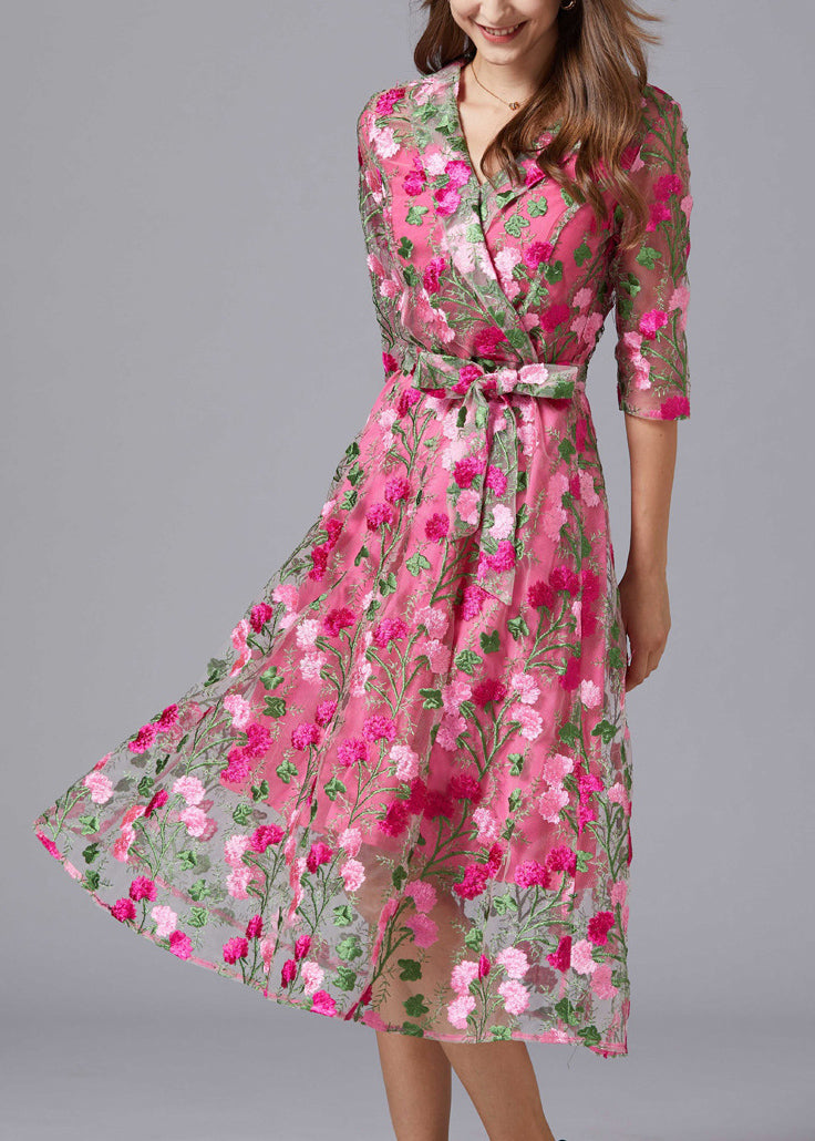 Floral Embroidered Tulle Overlay Wrap V-Neck Tie Waist Elbow Sleeve Midi Dress